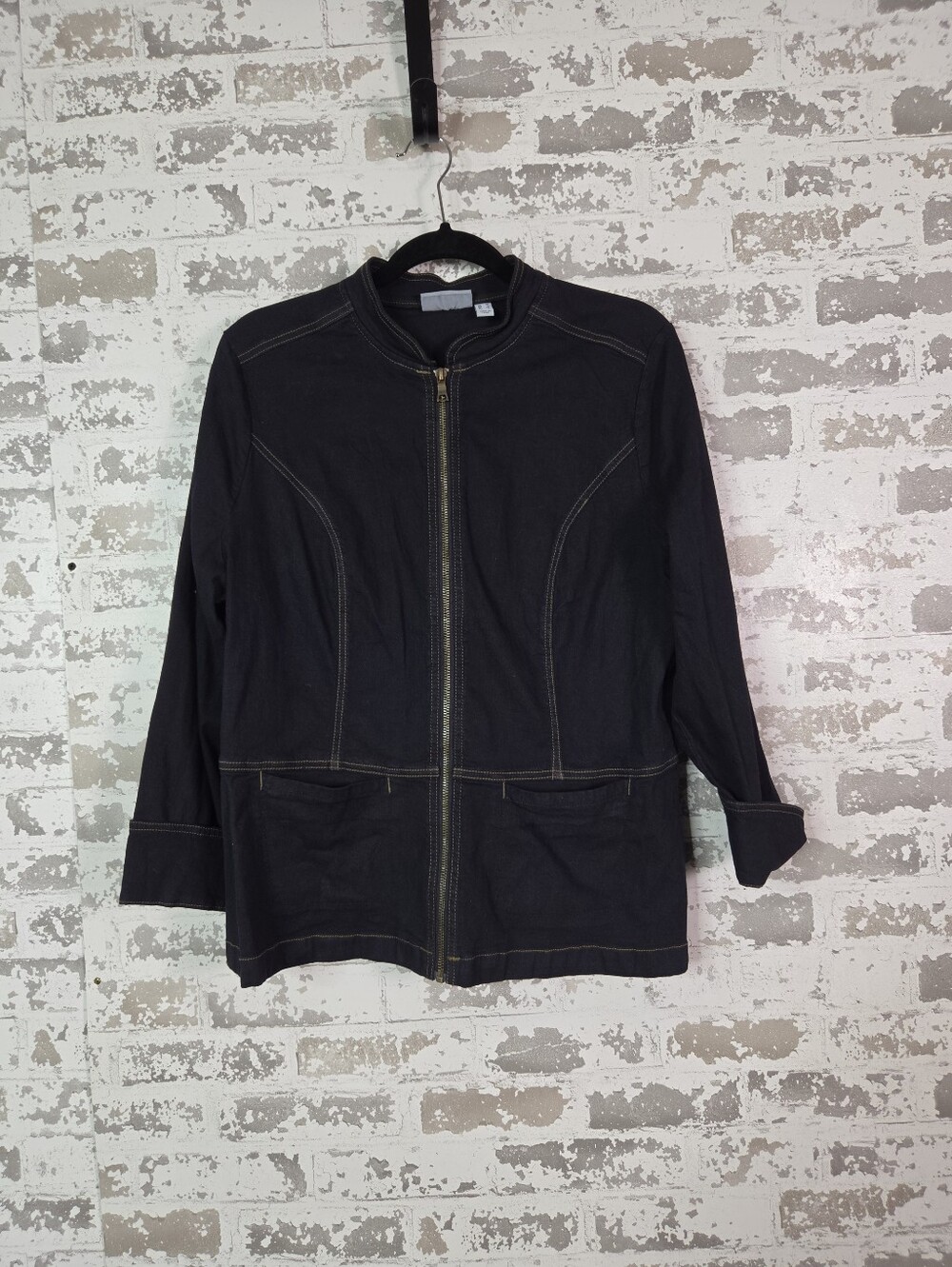 Urban Chic Black Utility Jacket with Tan Contrast Stitching Size M